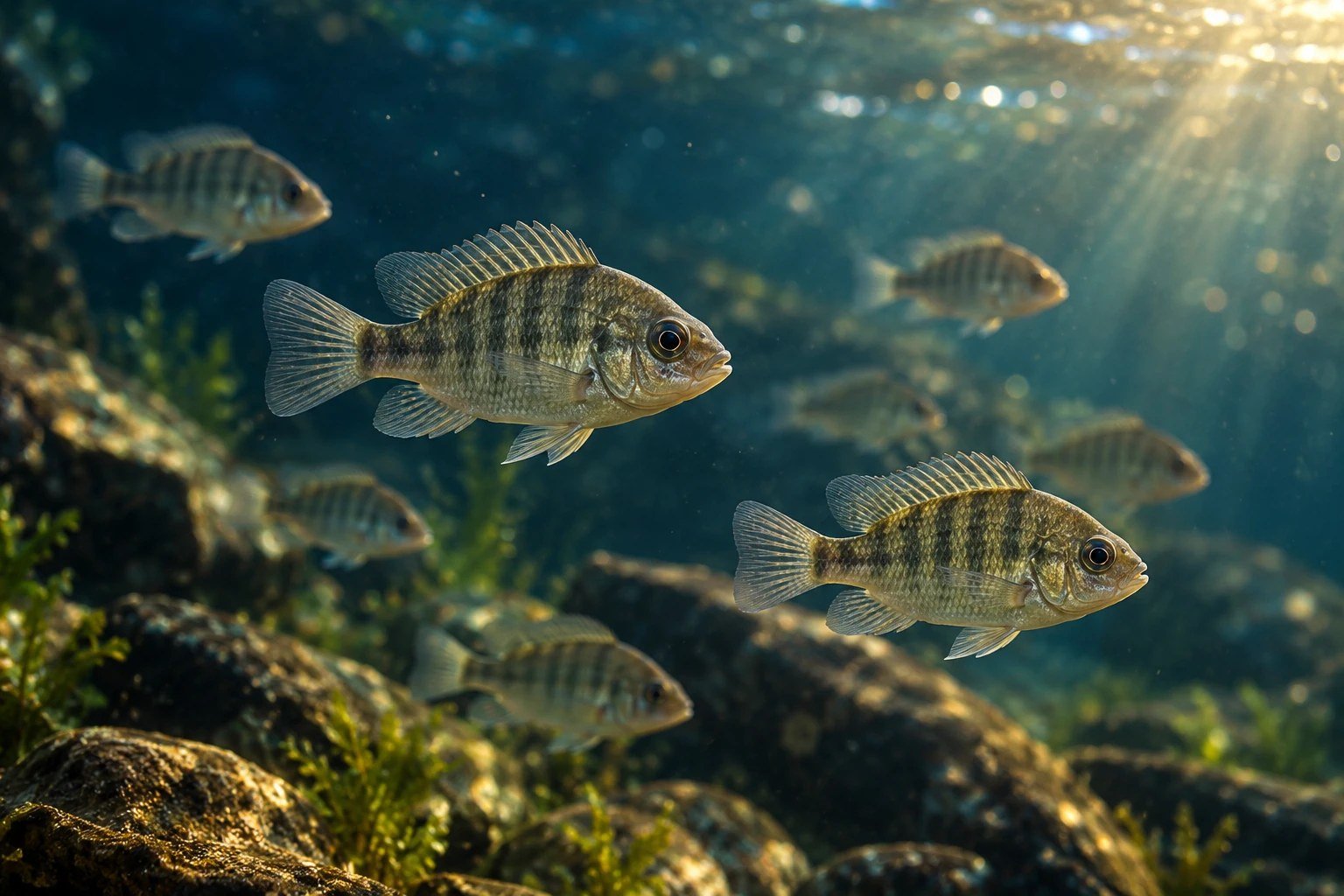 Illustration of tilapia fingerlings in clear water