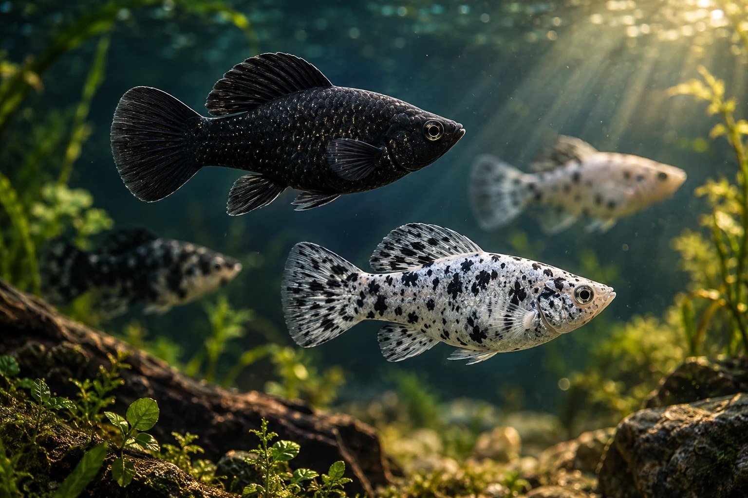 Illustration of freshwater mollies among plants