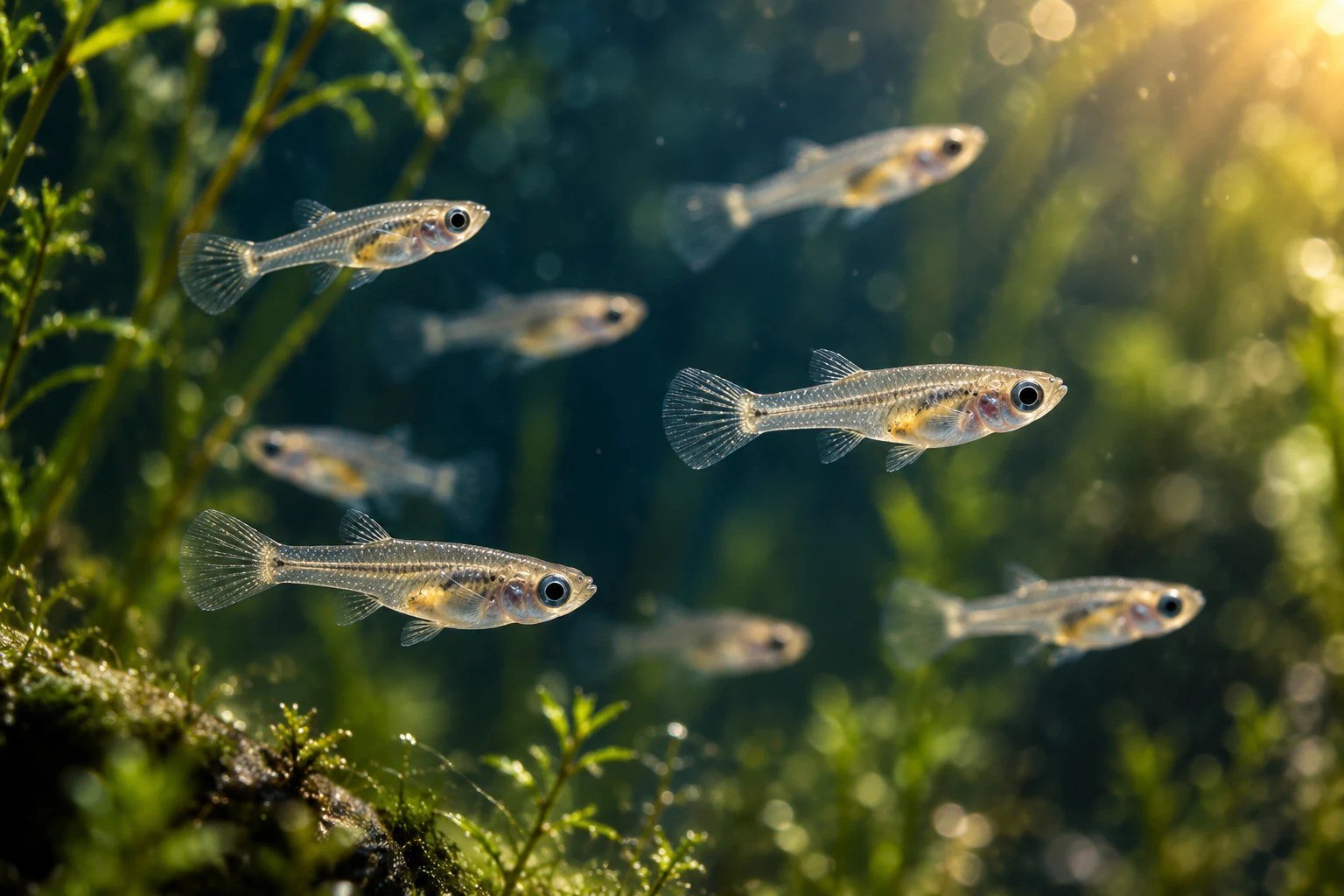 Illustration of guppy fry near gravel